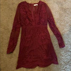 Wine red mini dress with lace detail